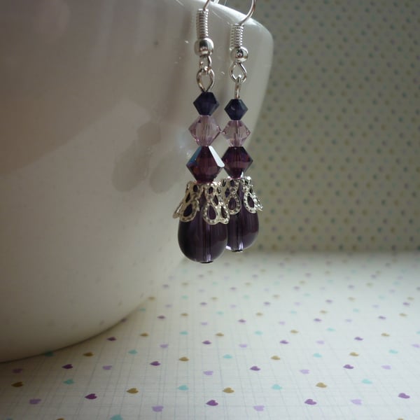 SHADES OF DARK LILAC, PURPLE, PINK  AND SILVER DANGLE EARRINGS.