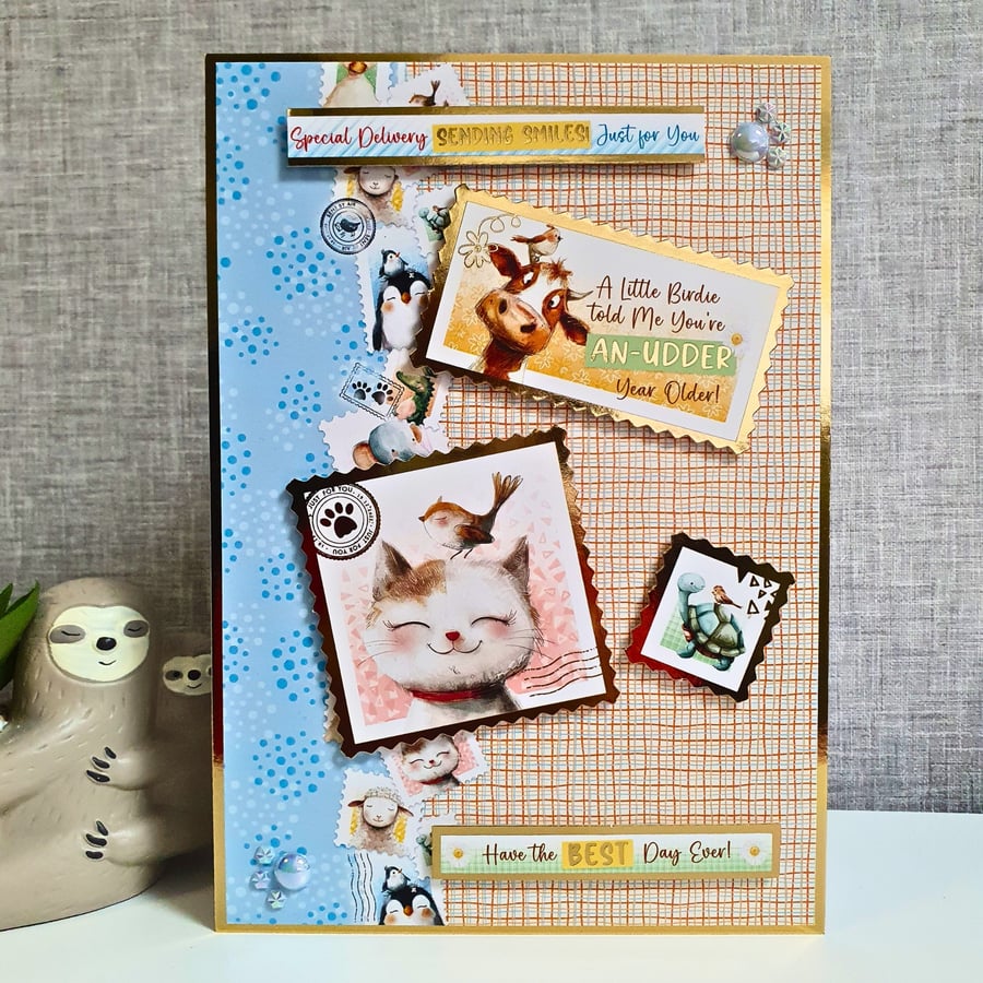 Funny Animal Birthday Card With A Cow, A Cat & A Turtle, An-Udder Year Older