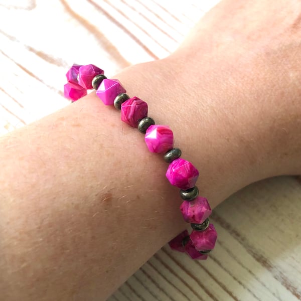 Gemstone Stretch Bracelet With Bright Pink Lace Agate & Gold Pyrite