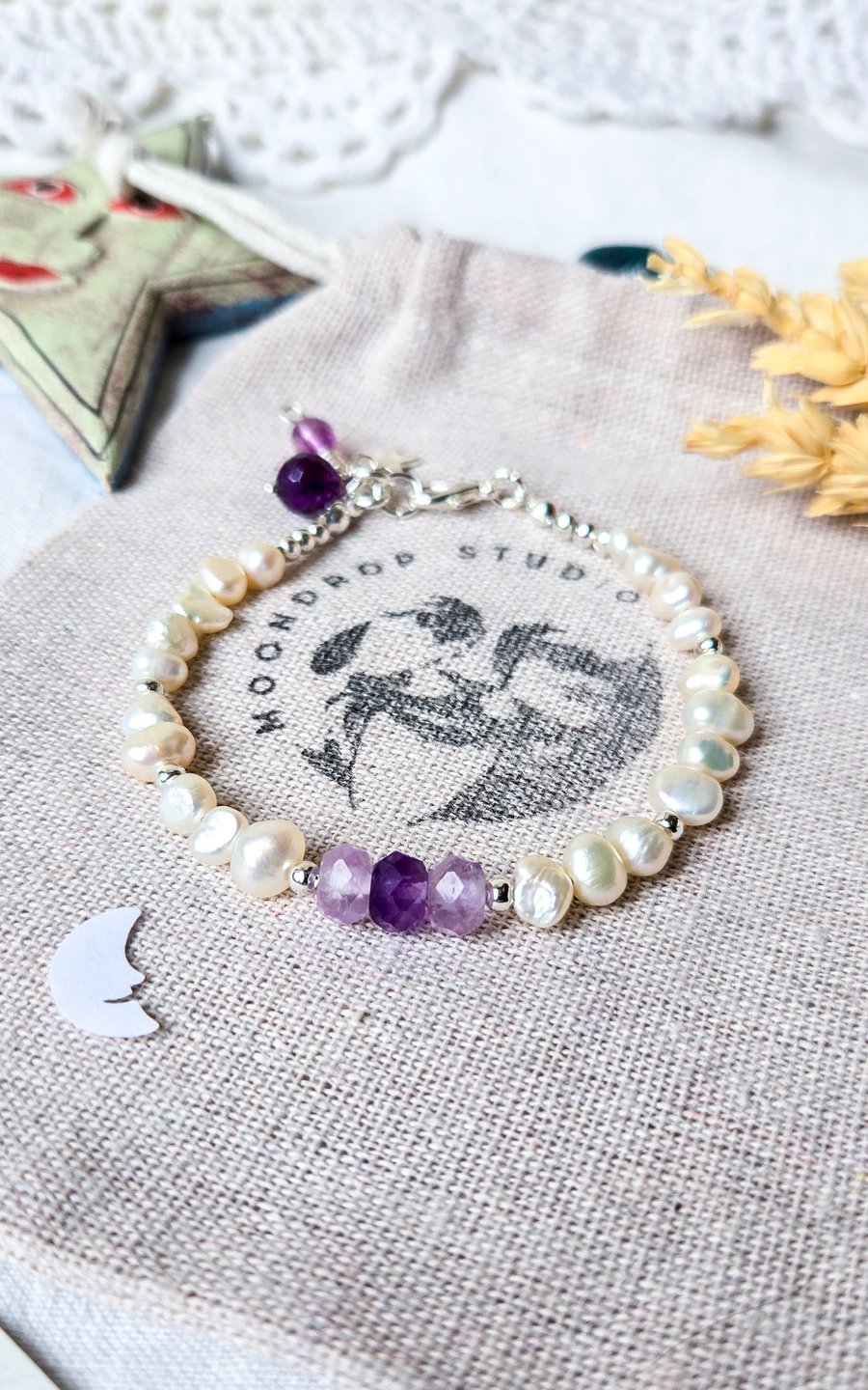 Amethyst Gemstone Bracelet - Freshwater Pearl Bracelet - Sterling Silver