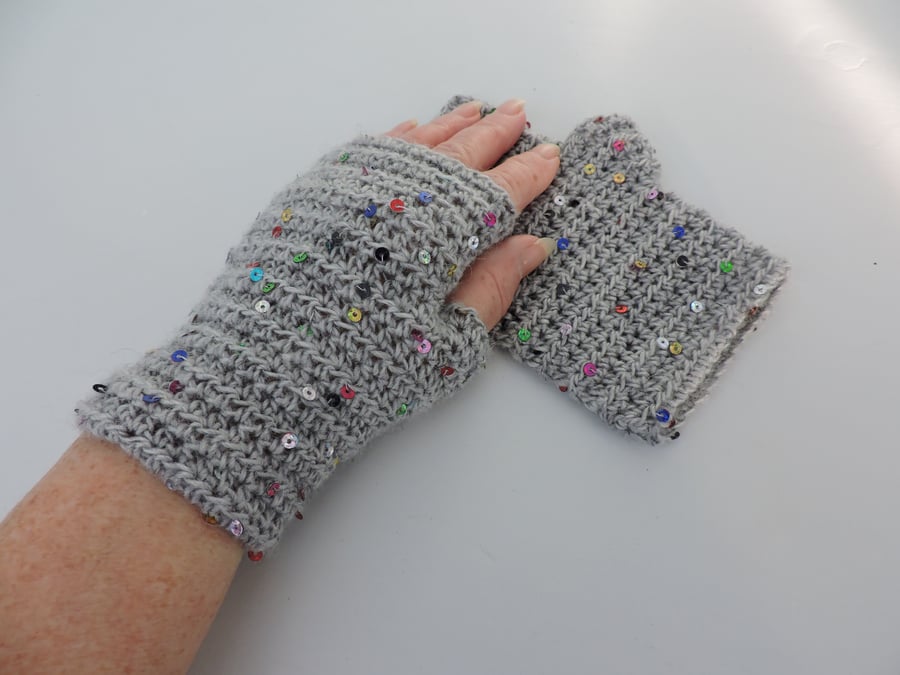 Fingerless Crochet Mitts Wrist Warmers Grey with Sequins Adults