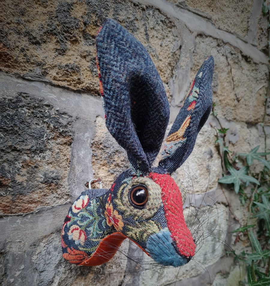 Faux hare head wall mount in blue William Morris style fabric