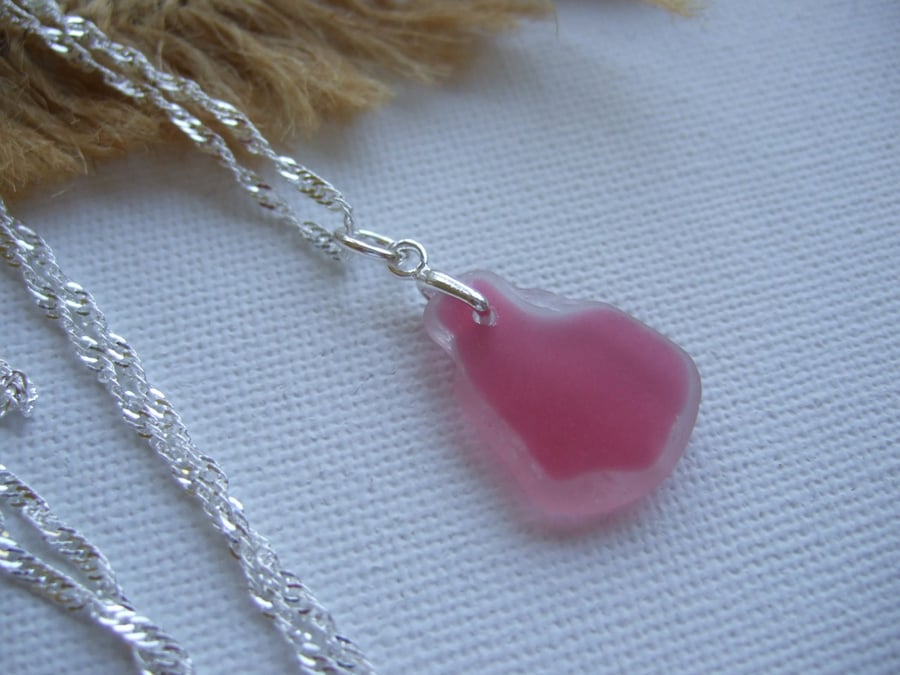 Pink and white sea glass pendant on sterling bail, pink flash sea glass necklace