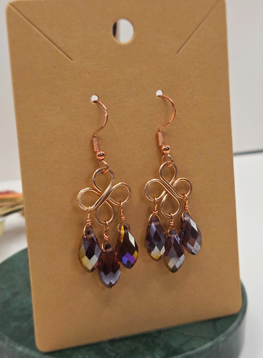 Copper Rose Gold Chandelier Earrings, Faceted Suncatcher Glass Beads