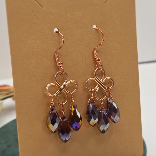 Copper Rose Gold Chandelier Earrings, Faceted Suncatcher Glass Beads