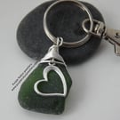 Olive Green Sea Glass with Heart Charm Bag Charm Keyring K323