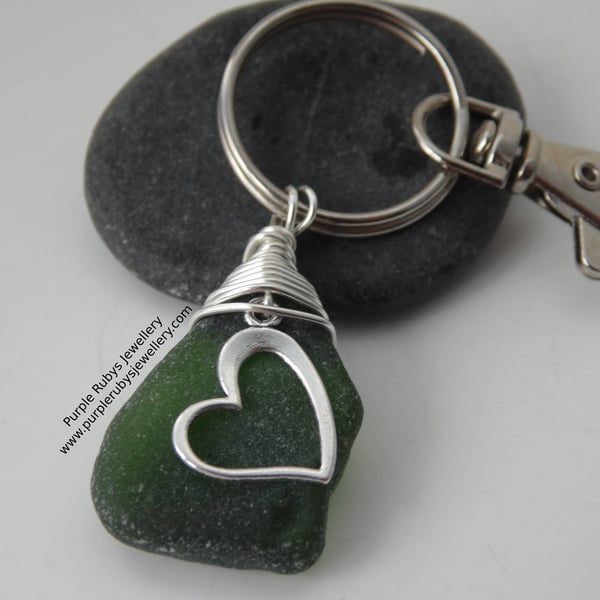 Olive Green Sea Glass with Heart Charm Bag Charm Keyring K323