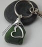 Olive Green Sea Glass with Heart Charm Bag Charm Keyring K323