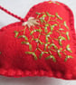 Hand Embroidered Festive Keepsake Heart Decoration - Mistletoe on Red - Image 4