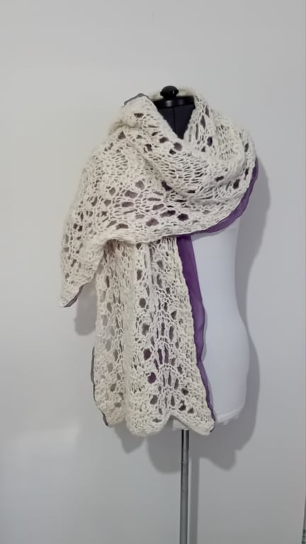 Reversible Hand Crocheted Shawl with Wool Handspun from Raw Mule Sheep Fleece.