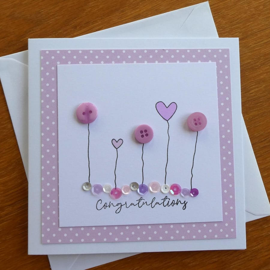 Congratulations Card - Buttons, Hearts and Sequins - Pink