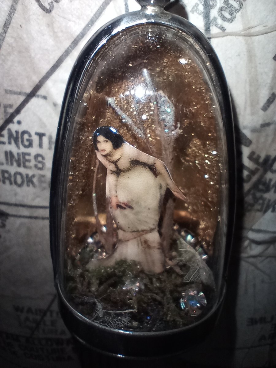 Necklace Woodland scene  Pre Raphaelite fantasy mixed media art branches moss 