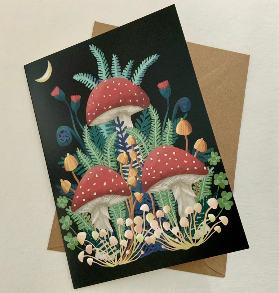 Toadstool and Ferns,  blank greetings card 