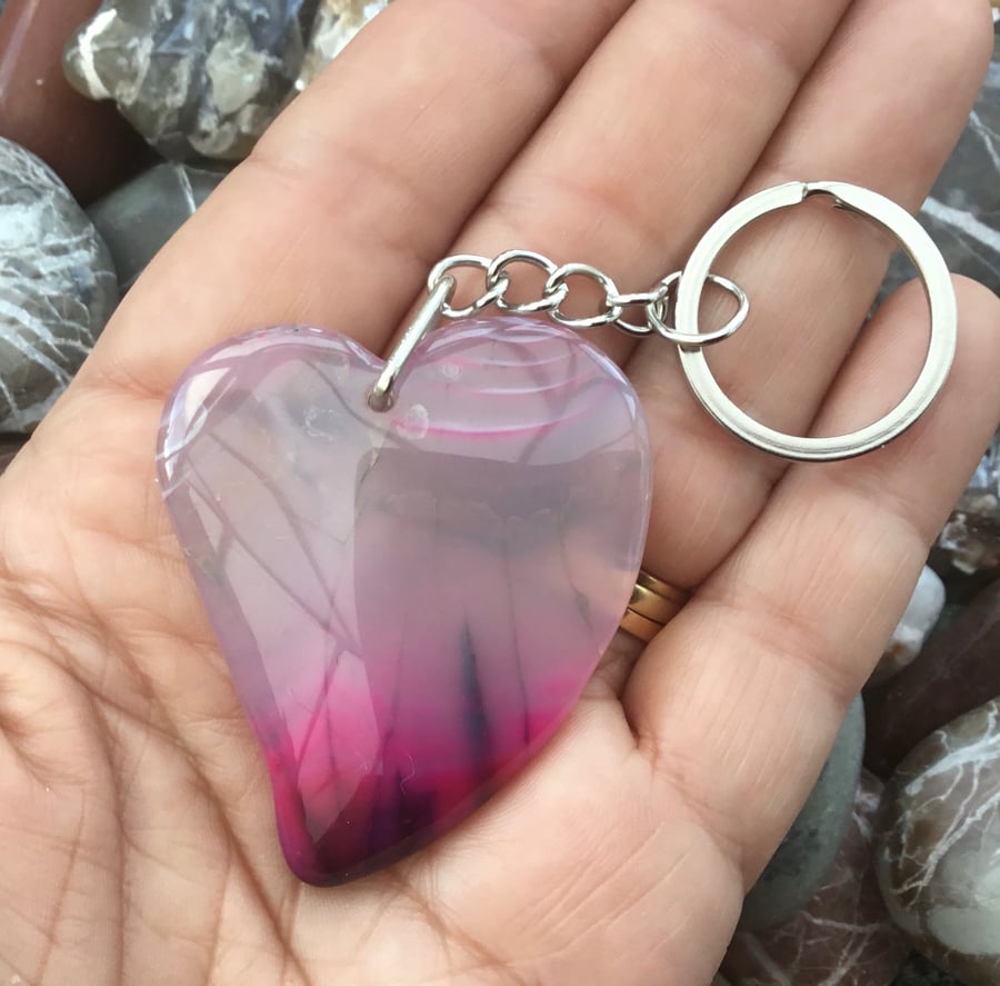 Fuchsia Heart!  A Stylised Agate Heart Gemstone Keyring or Handbag Charm.