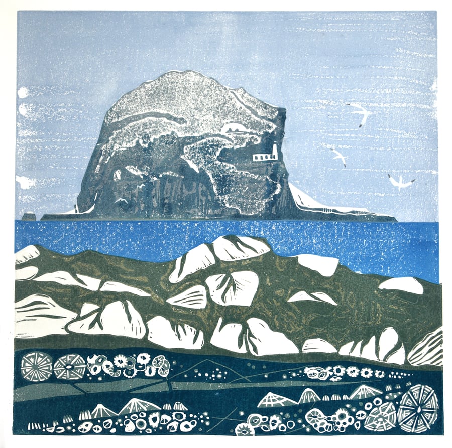 Original lino print Bass Rock from The Leithes