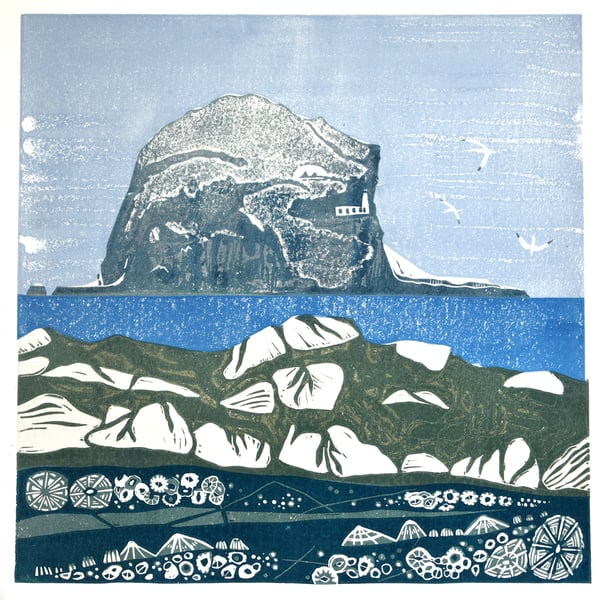 Original lino print Bass Rock from The Leithes