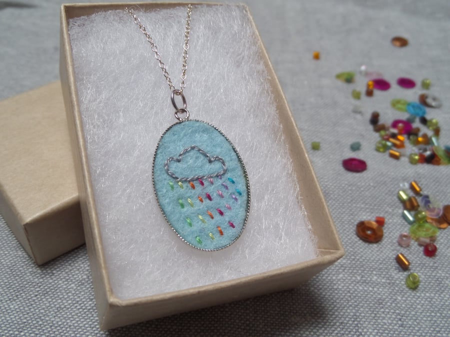 Hand Embroidered Cloud Pendant Necklace 