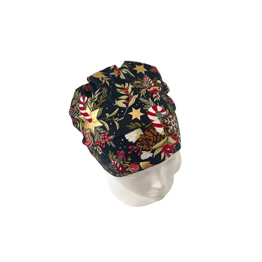 Christmas print beanie hat, Festive navy cotton beanie cap Women hair loss chemo