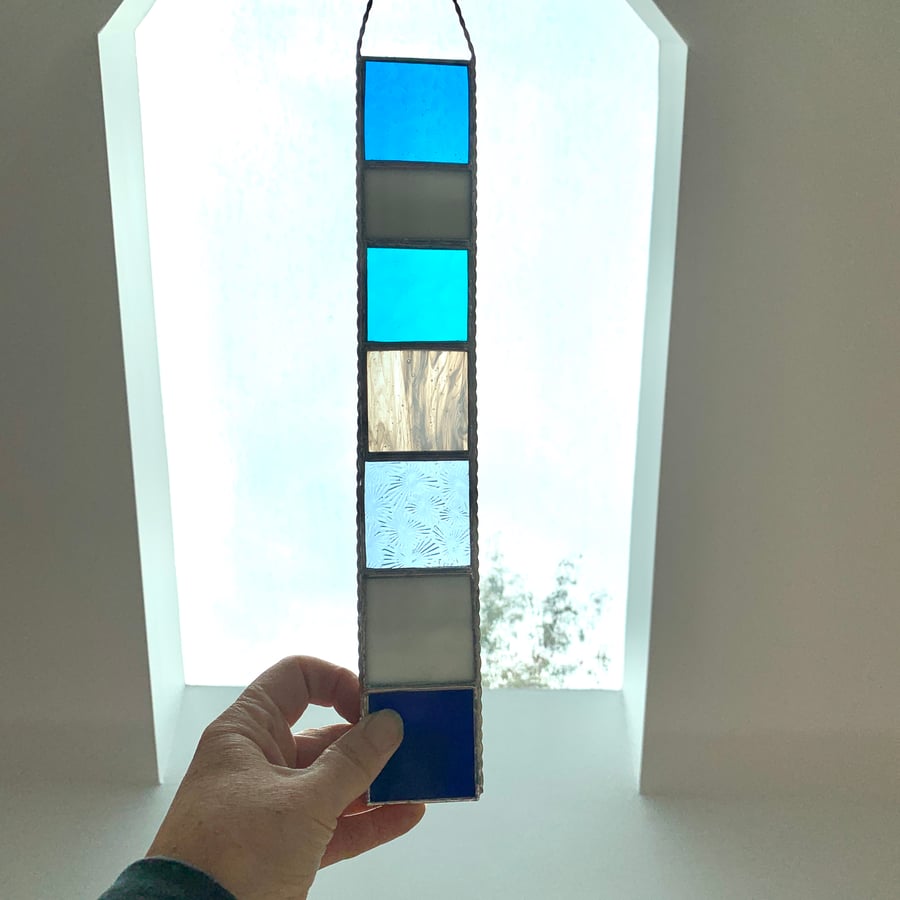 Stained Glass Strip Suncatcher - Handmade Hanging Decoration - Blue Turq White