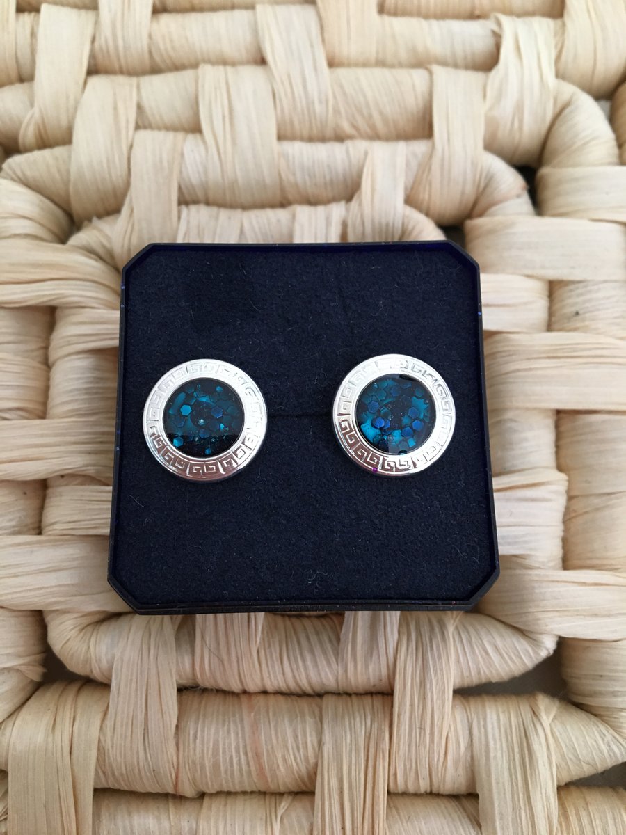 Lovely Scroll Edged Teal Stud Earrings