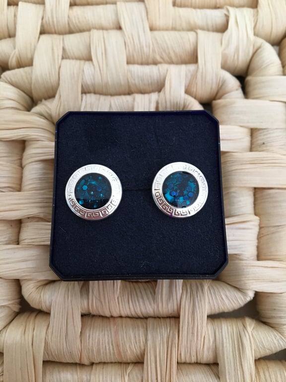 Lovely Scroll Edged Teal Stud Earrings