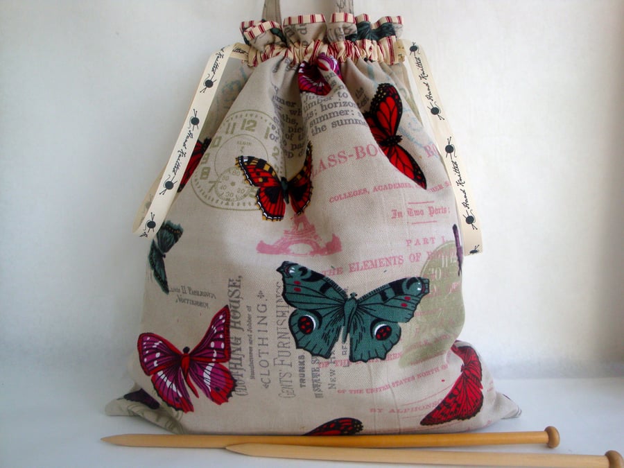 SALE Cotton Butterfly  Craft storage  bag - Knitting bag 