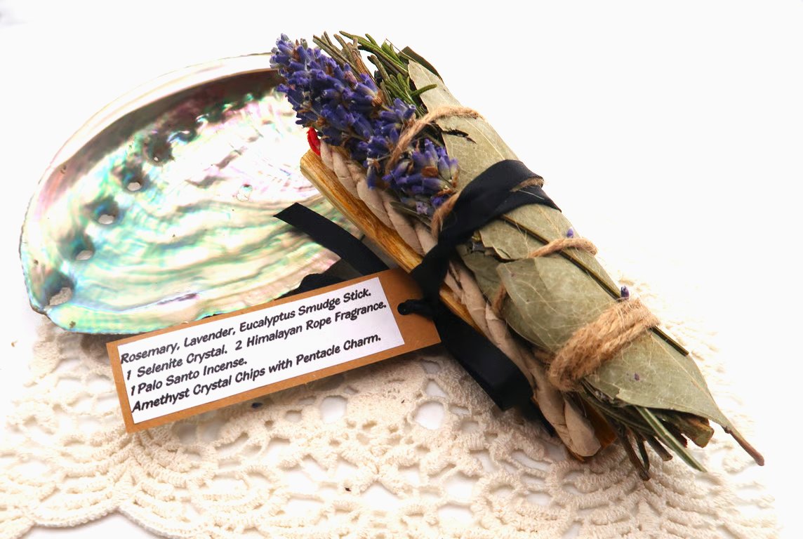 Sacred Incense Bundle with Selenite and Amethyst Pentacle Charm. 