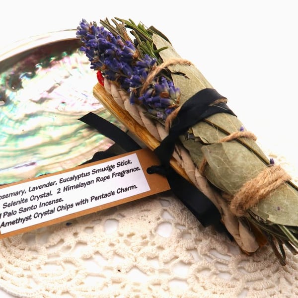 Sacred Incense Bundle with Selenite and Amethyst Pentacle Charm. 