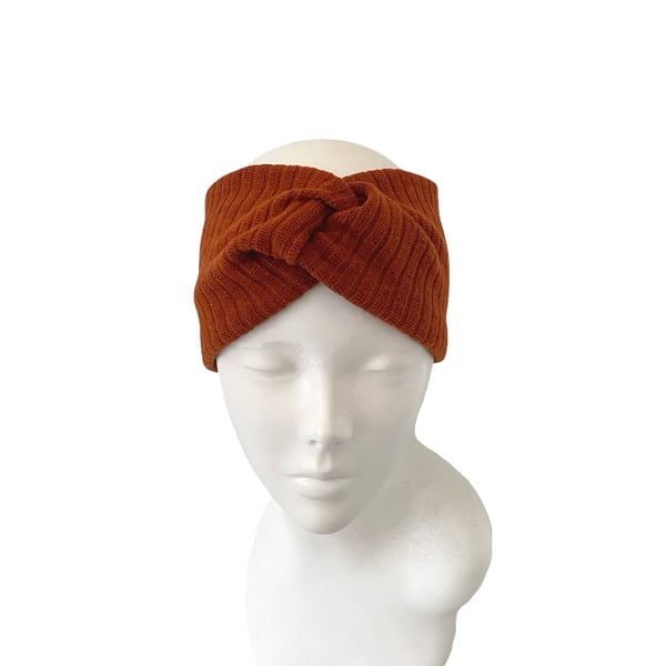 Satin lined ear warmer headband Rust orange knit jersey turban headwrap women