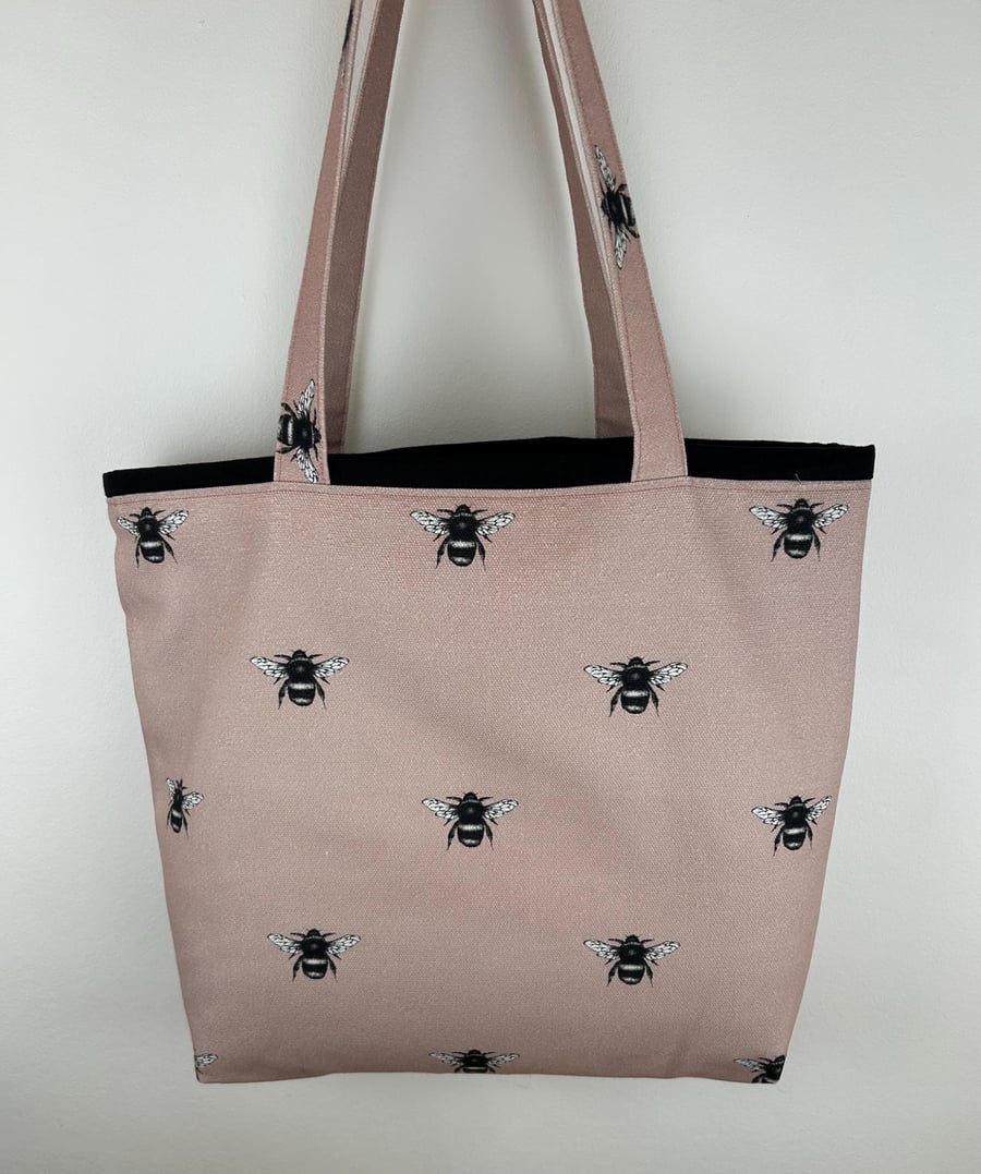 Bumblebee Print Cotton Linen Tote Bag, Dusky Pink Shoulder Bag