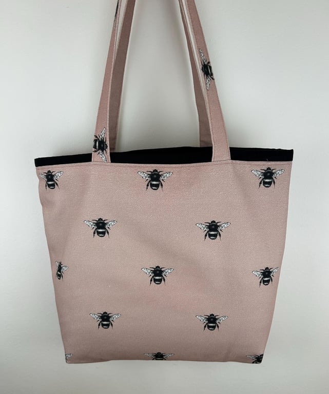 Bumblebee Print Cotton Linen Tote Bag, Dusky Pink Shoulder Bag