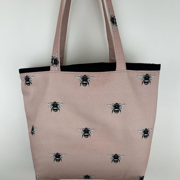 Bumblebee Print Cotton Linen Tote Bag, Dusky Pink Shoulder Bag
