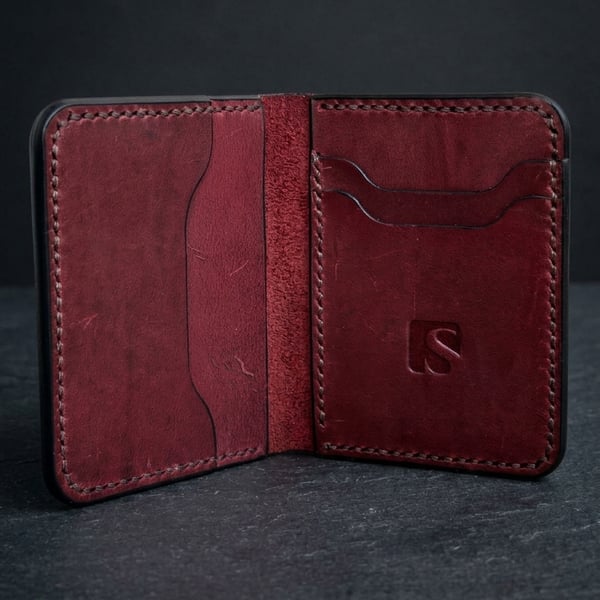 Burgundy Full Grain Leather Mini Wallet Compact Bifold Pocket Wallet UK