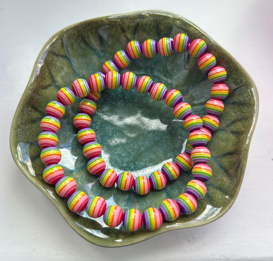 Two Elasticated Bracelets 17cm Rainbow Acrylic Beads 