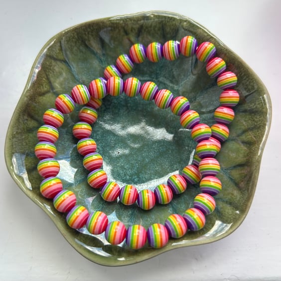Two Elasticated Bracelets 17cm Rainbow Acrylic Beads 