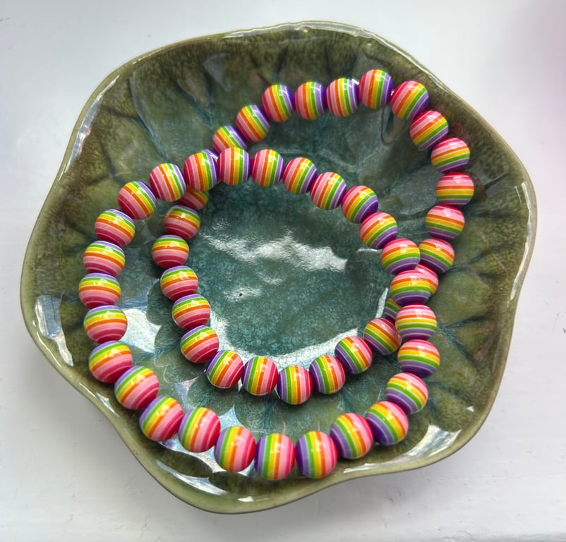 Two Elasticated Bracelets 17cm Rainbow Acrylic Beads 