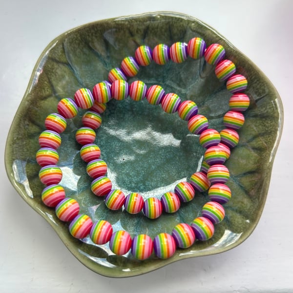 Two Elasticated Bracelets 17cm Rainbow Acrylic Beads 