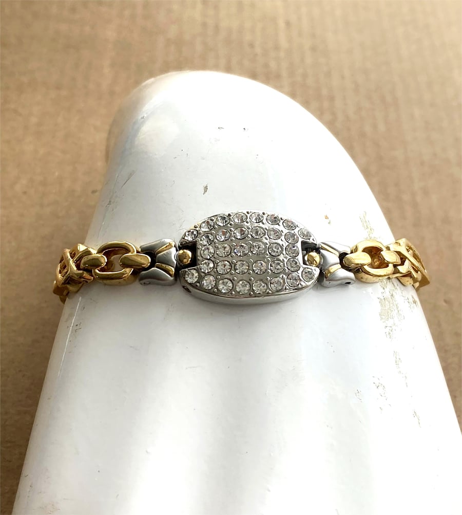 Upcycled Vintage Gold Tone Plated Watch Strap Featured With Rhinestone Bracelet 