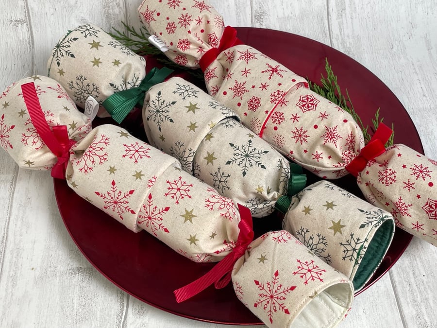 Set of three Christmas crackers. Scandi-style snowflakes with grosgrain ribbons
