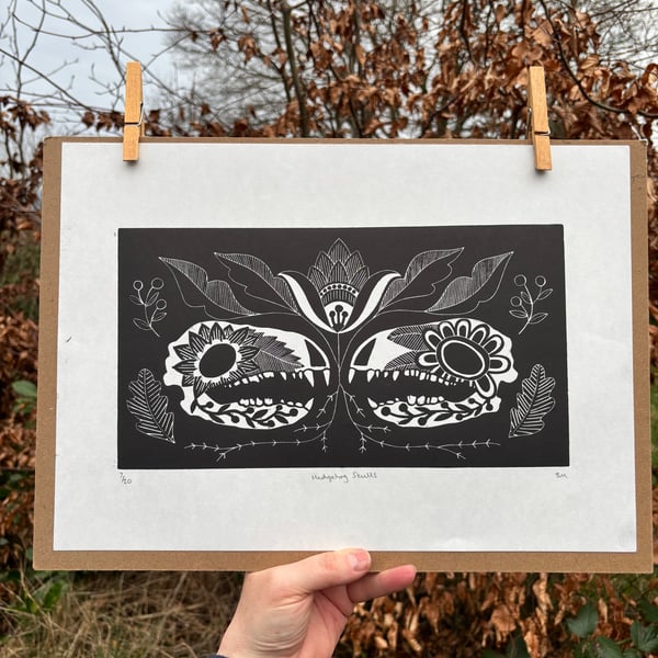 Hedgehog Skulls - Limited edition lino print