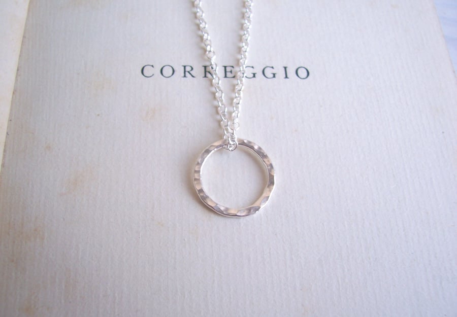 Simple Sterling Silver Circle on fine chain - minimalist jewellery - textured