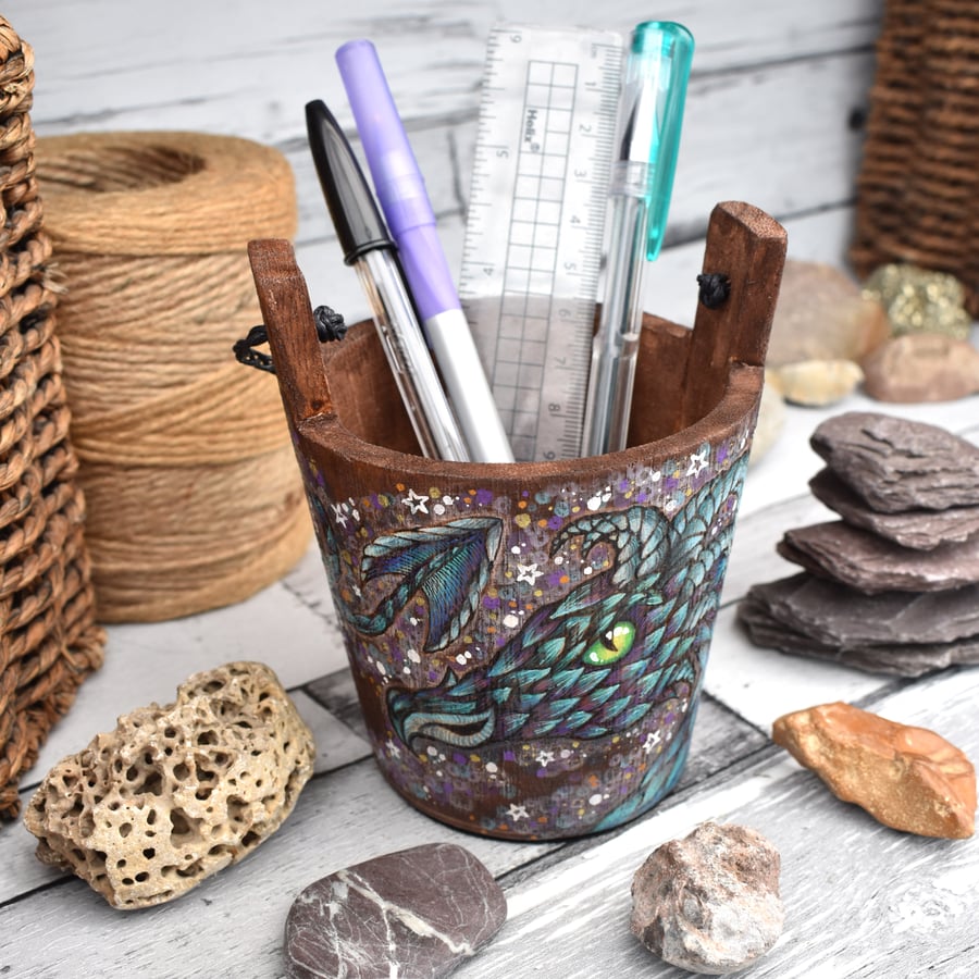 Pyrography dragon wishing pail. Pen or craft storage pot. 