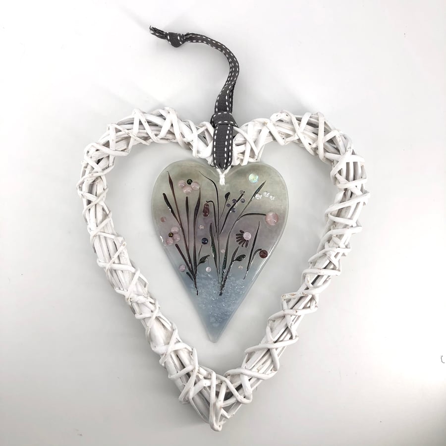 Glass Heart with Delicate Flowers in Wicker Heart on Ribbon