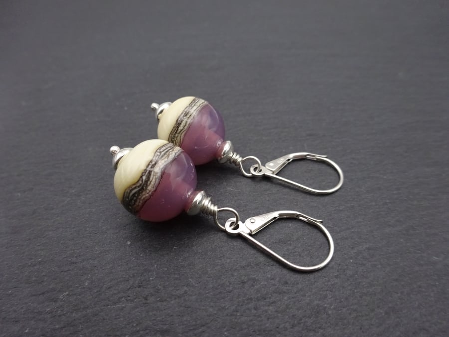 sterling silver lever back earrings, purple lampwork glass jewellery