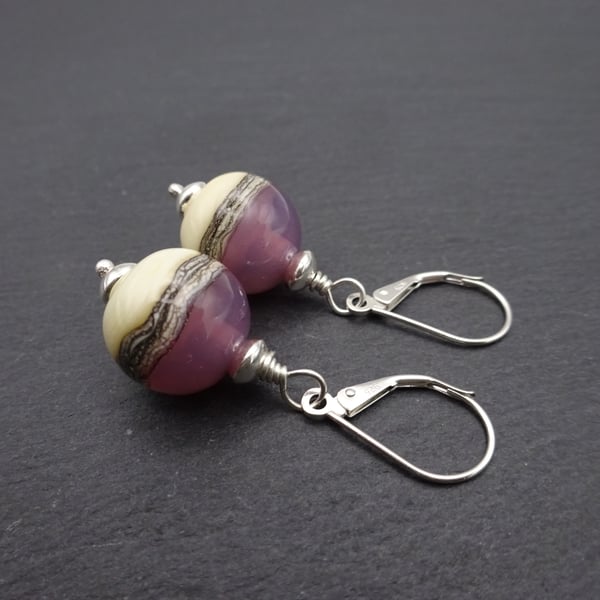 sterling silver lever back earrings, purple lampwork glass jewellery