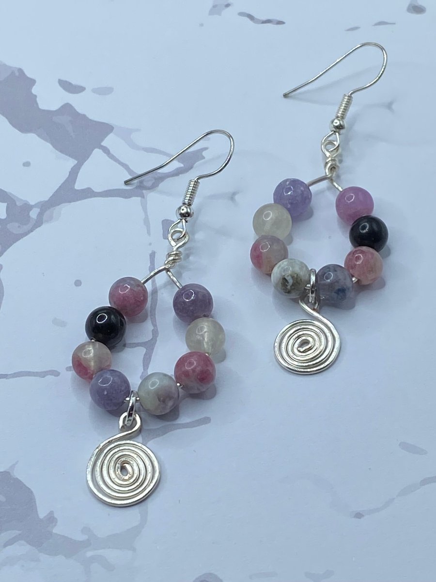 Wire teardrop earrings with plum tourmaline stones and wire spiral charms