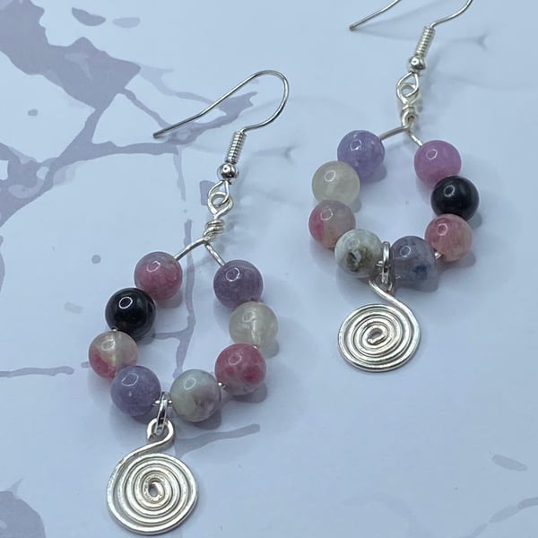 Wire teardrop earrings with plum tourmaline stones and wire spiral charms