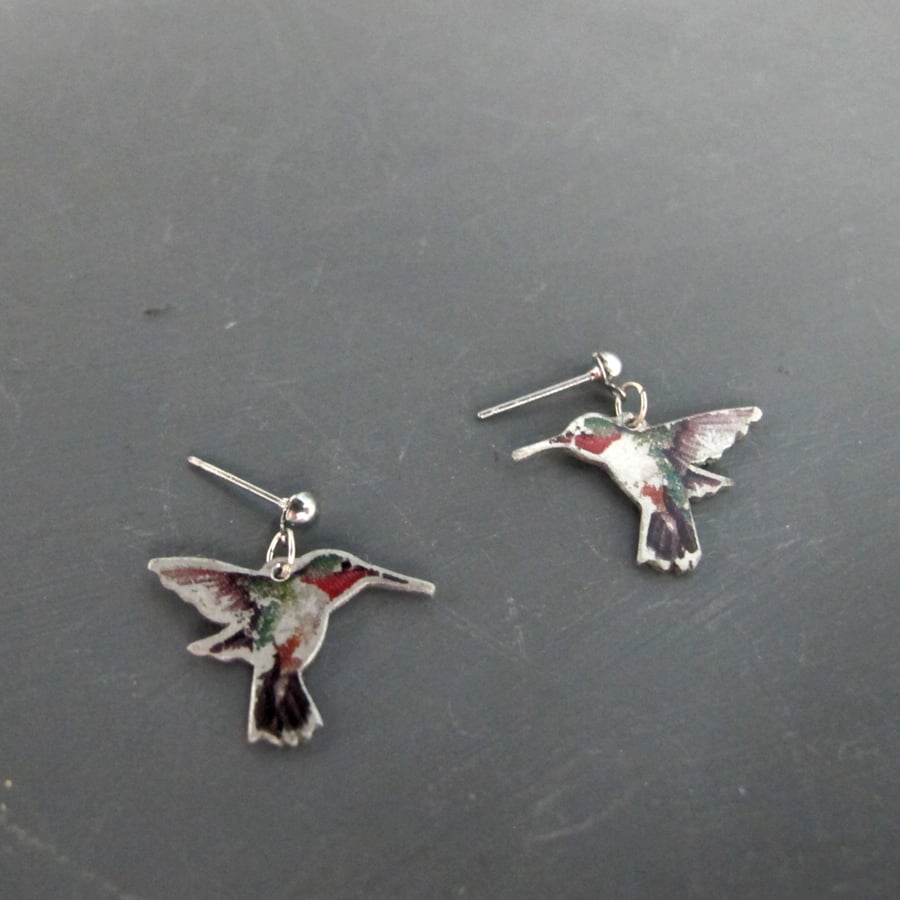 Small Aluminium & Silverplate Colourful Hummingbird Stud Drop Earrings