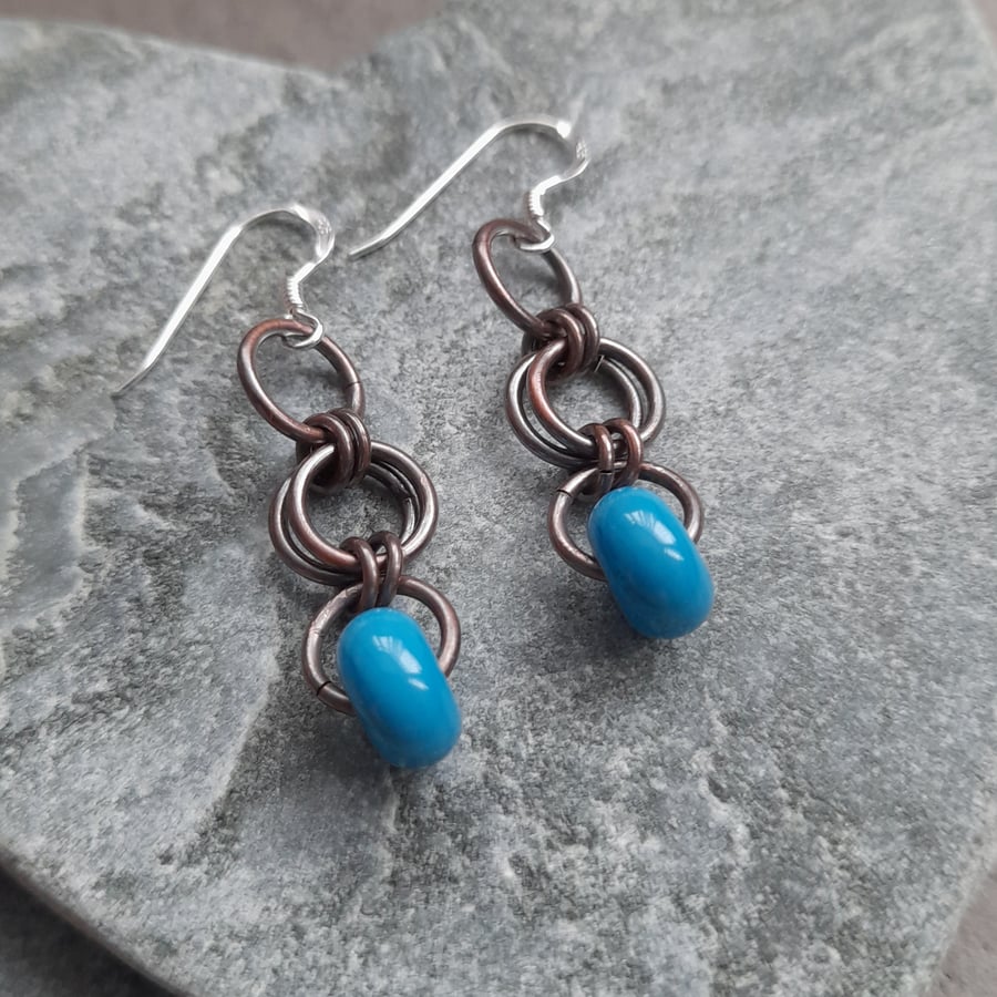 Copper Chainmaille Earrings Blue Lampwork Glass Sterling Silver Ear Wires