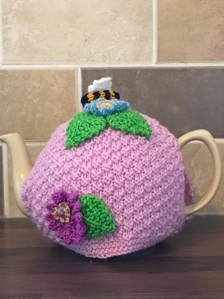 Pink Knitted Tea Cosy with Bees and Flowers